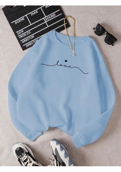 Love Yazı Sweatshirt - Bebe Mavisi Baskılı Oversize Kalın Kışlık Bisiklet Yaka Bebe Mavisi Love Yazı Sweatshirt - Bebe Mavisi Baskılı Oversize Kalın Kışlık Bisiklet Yaka Bebe Mavisi