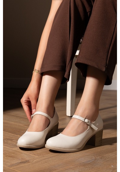 Analin Shoes Kadın Hakiki Deri Bantlı Topuklu Ayakkabı Krem
