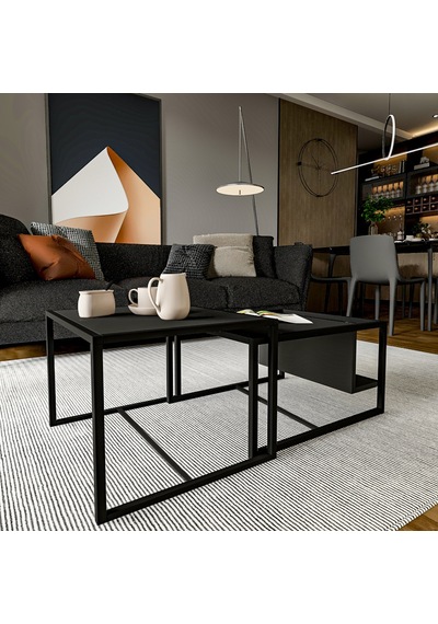 Batı 2 Li Modern Orta Sehpa Takımı Metal Ayaklı, Alt Raflı Antrasit