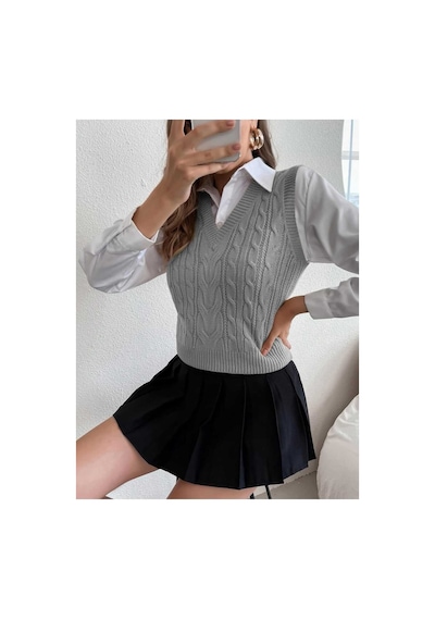 Youknitwear You Cameron %100 Pamuk V Yaka Kadın Süveter Gri