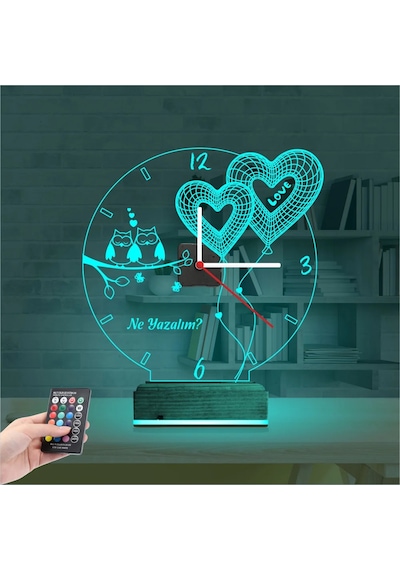 Luvivia Sevgiliye Hediye Kalp Baykuş Kişiye Özel Saatli 3d Lamba - Masa Gece Lambası