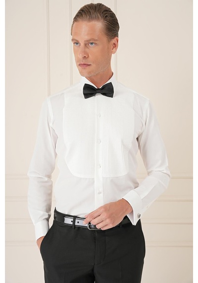 Efor Slim Fit Duble Manşet Klasik Yaka Piliseli Beyaz Damatlık Smokin Gömlek Gk 732 Krem