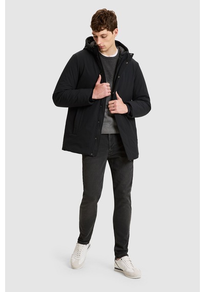 U.S. Polo Assn. Erkek Siyah Kapüşonlu Yaka Regular Fit Fermuarlı Çıtçıtlı Cepli Düz Tasarım Uzun Mont 50328204-vr046