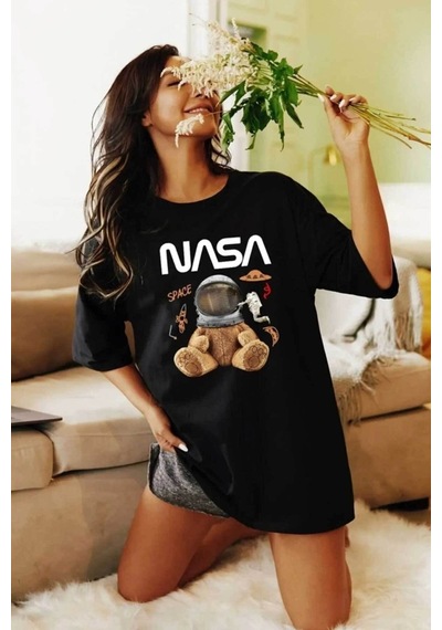 Medinenur Unisex Ayıcıklı Nasa Baskılı Siyah Tshirt Siyah