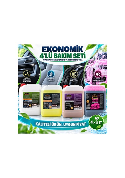 Ekonomik 4 Lü Oto Bakım Seti 4x5 Lt Pembe Köpük Şampuan, Döşeme Temizleyici, Torpido Ve Lastik Parlatıcı