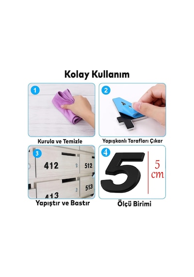 Yapışkanlı Kapı Numarası Küçük Boy 50 Mm 5 Cm Numara 5 Rakam Beş Sayısı Siyah Renk Numaralar 1 Adet Diğer