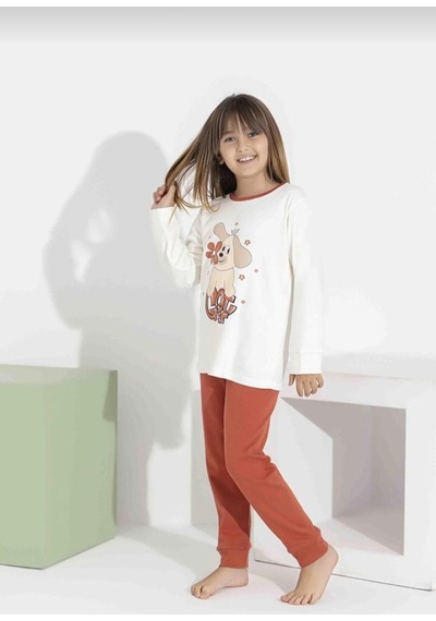 Kız Çocuk Baskılı Uzun Kollu Pijama Takımı Sevimli Ev Giyimi-8408- Kiremit