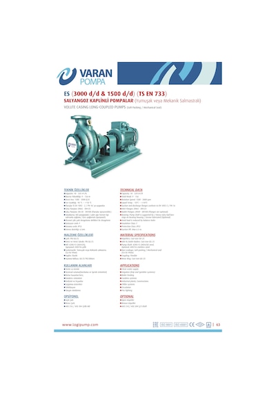 Varan Es 40-16-04002 Uçtan Emişli En 733 Santrifüj Pompa 5.5 Hp / 4 Kw, Trifaze 380 V, 32 Mss, 30 M3/h