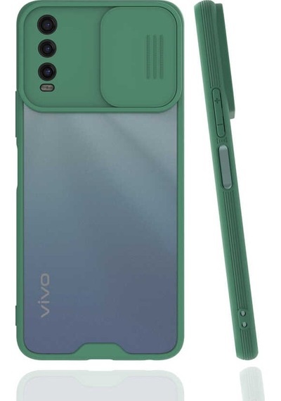 Noktaks - Vivo Uyumlu Vivo Y11s - Kılıf Slayt Sürgülü Arkası Buzlu Lensi Kapak - Koyu Yeşil