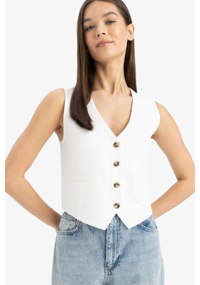 DeFacto V Yaka Keten Karışımlı Beyaz Blazer Yelek E9757AX25SPWT32 Beyaz