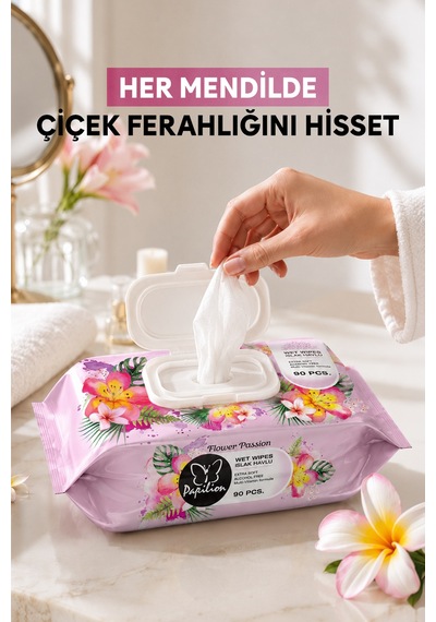 Papilion 90 Yaprak Çiçek Tutkusu Kokulu Islak Mendil 90'lı Paket Ekstra Yumuşak Alkolsüz Ph Dengeli Multivitamin Formüllü Tekli