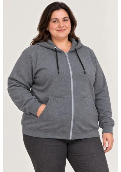 Butik İstanbul Battal Büyük Beden Üç İplik İçi Şardonlu Kapüşonlu Tam Fermuarlı Kışlık Sweatshirt - Füme