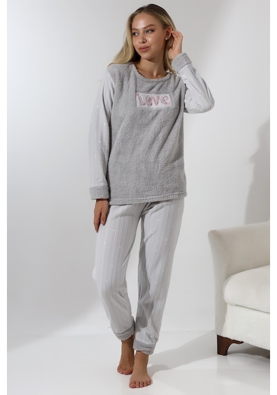 Wordex Fawn 5019 Peluş Welsoft Polar Kışlık Yumoş Kadın Pijama Takımı Love Açık Gri