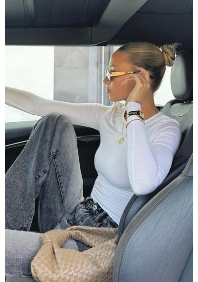 Seeh Beyaz Bisiklet Yaka Basic Uzun Kollu Body Sh142