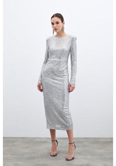 Sateen Sırt Dekolteli Payet Elbise - Gümüş-135581 Gümüş