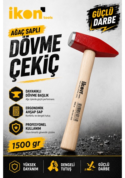 Ağaç Saplı Dövme Çekiç 1500 Gr Dayanıklı Çelik Başlıklı Ahşap Saplı Profesyonel Çekiç