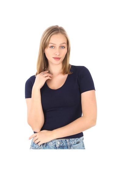 V Yaka Slim Fit Crop Tişört-lacivert Lacivert