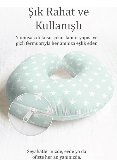 Yıldız Desenli Pamuklu Boyun Yastığı - Açık Yeşil Beyaz Modern Seyahat Yastığı Pastel Orman Turuncu