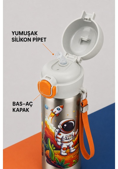Siply Desenli Paslanmaz Çelik Okul Matarası 600ml Pembe Beyaz Turuncu