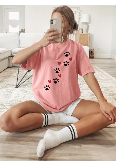 Flood Of Style Kadın Pembe Patili Kalp Baskılı Oversize