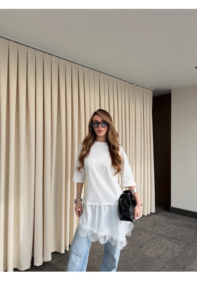 Laluvia Beyaz Asimetrik Dantelli Bluz - 0771 Beyaz