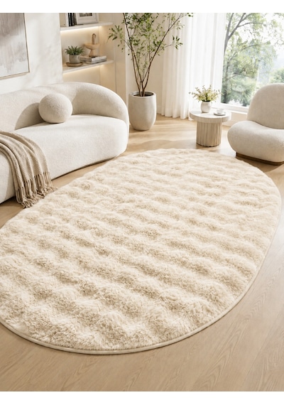 Oval Bubble Ultra Soft Puffy Kaymaz Taban Peluş Tavşan Tüyü Halı Bej