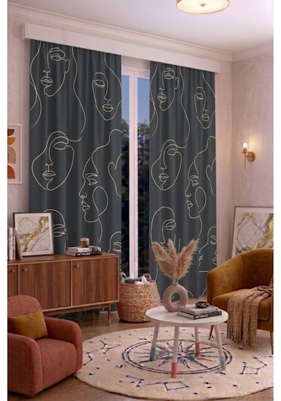 Modern Geometrik Desenli Fon Perdesi 100 X 250 Cm 1 Kanat Dekoratif Dijital Baskılı Premium Salon Oturma Odası Yatak Odası Pencere Perdesi Siyah Gri