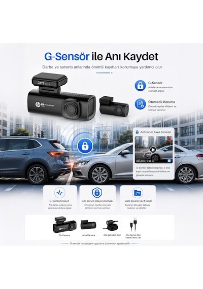 Hp F499x 4k Wdr, Araçiçi Ön + Arka Kamera, 1.5 Inch Renkli Lcd Ekran, Gps Li, Wi-fi Destekli