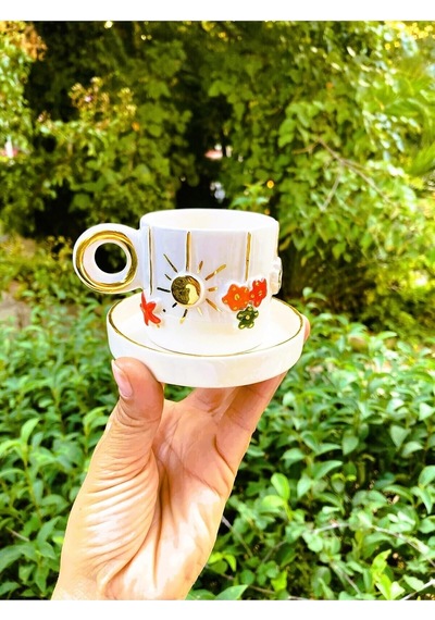 Premium Kalite 24 Ayar Altın Detaylı El Yapımı Fincan Christmas Cup Espresso Demitasse Cw00042 Beyaz - Çok Renkli