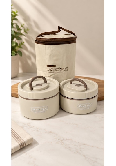 Favora 2'li Çelik Termoslu Lunch Box Yemek Kabı Seti Bej