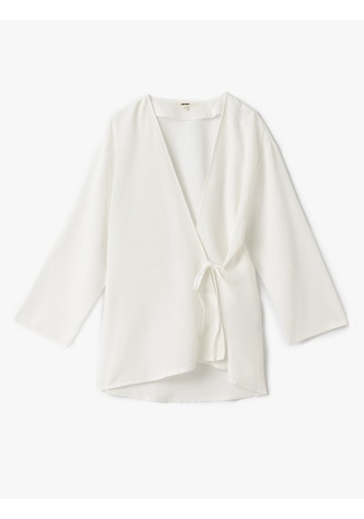 Koton Keten Karışımlı Uzun Geniş Kollu Kruvaze Kimono Kırık Beyaz 5sak60007pw Ekru