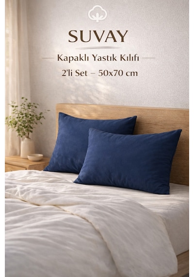 2'li Yastık Kılıfı Lacivert Pamuklu Kapaklı 50x70 Cm