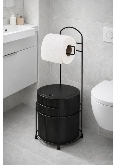 Lüx Banyo Wc Tuvalet Kağıtlığı Çöp Kovası Takım Plastik Kova 6 Litre Paslanmaz Tel Siyah