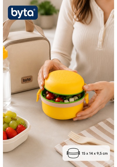 Beslenme Kabı Kilitli Kapaklı Lunch Box Hamburger Desen Bpa Free Çocuk Beslenme Kutusu Sarı