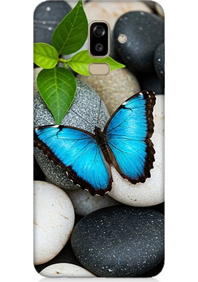 Samsung Galaxy J8 Uyumlu Mavilikte Taş Üzerinde Kelebek Desenli Silikon Kılıf Çok Renkli