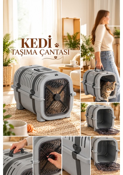 Porsima 0000 Premium Kedi Taşıma Çantası Ve Kafesi - Emniyet Kemer Yuvalı, Havalandırmalı Kedi & Küçük Irk Köpek Taşıma Kutusu Açık Gri / Koyu Gri
