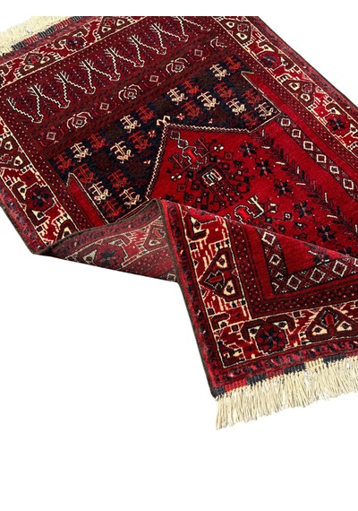 El Dokuma Sıfır Afgan Halısı Seccade 77x120 Kök Boya Kırmızı Yün Namazlık