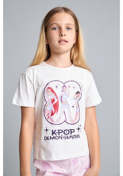 Defacto Kpop - Demon Hunters Lisanslı Regular Fıt Elastik Bel 2li Ekru Pijama Takımı Kız Çocuk H8098a826smer105 Ekru-er105