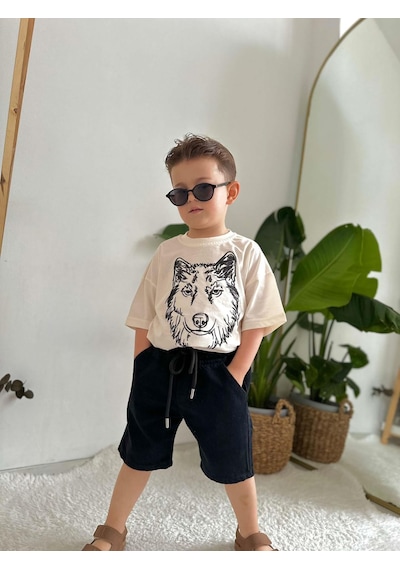 Erkek Çocuk Kurt Modelli Kot Şortlu Pamuk Takım Siyah