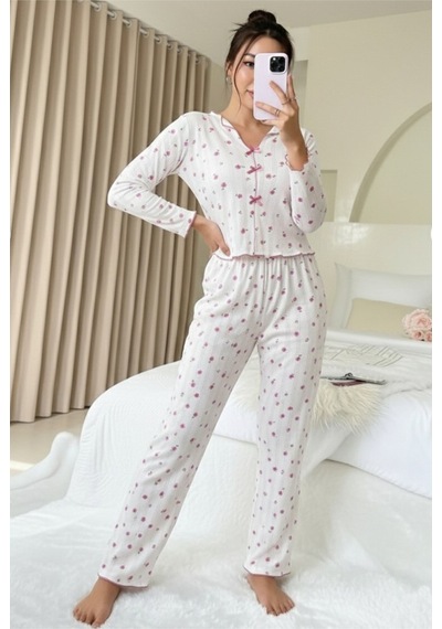 Siyah İnci Pamuklu Ajurlu Delikli Örme Pijama Takım7927-8 Beyaz