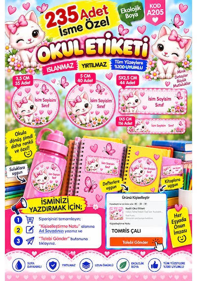Okul Etiketi 235 Adet Kişiye Özel İsim Yazılabilen Dayanıklı Etiket Çok Renkli