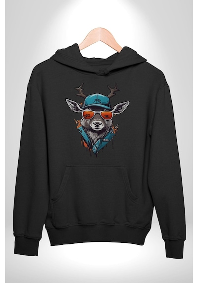 Güneş Gözlüğü Savaşcı Geyik Kadın Erkek Siyah Kapüşonlu Sweatshirt Hoodie Siyah