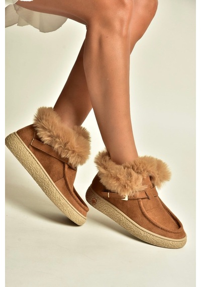 Fox Shoes Z380576302 Taba Süet Yapay Kürklü Kadın Bot