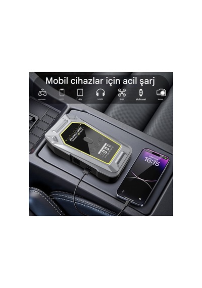 Akü 12.000 Mah Şarjlı Taşınabilir Takviye Cihazı Lastik Hava Kompresörü Powerbanklı Işıklı Çantalı