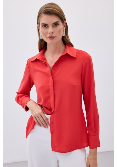 Sateen Klasik Düz Gömlek - Kırmızı