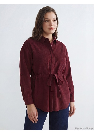 Lcwaıkıkı Classic Bordo Beli Kuşaklı Kadın Kadife Gömlek Tunik