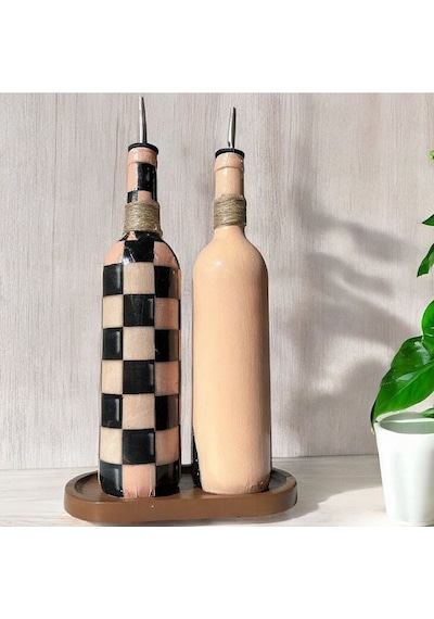Kadın Tasarımlı 750 Ml Zeytinyağı Sıvıyağ Şişesi Yağdanlık Yağlık Sirkelik Sosluk 2'li Set Çok Renkli