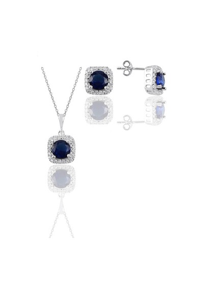 Gümüş Beyaz Altın Rodyumlu Safir Taşlı Kare Ikili Set