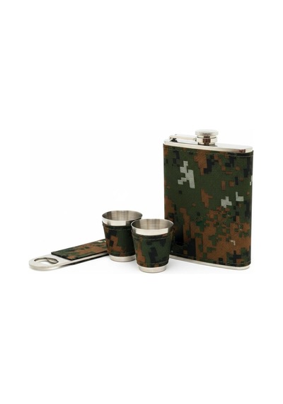 Kamuflaj Kaplamalı Paslanmaz Çelik İçki Matarası Bardak & Açacak Seti 8 Oz 240 Ml Kamp Outdoor Boy Yeşil