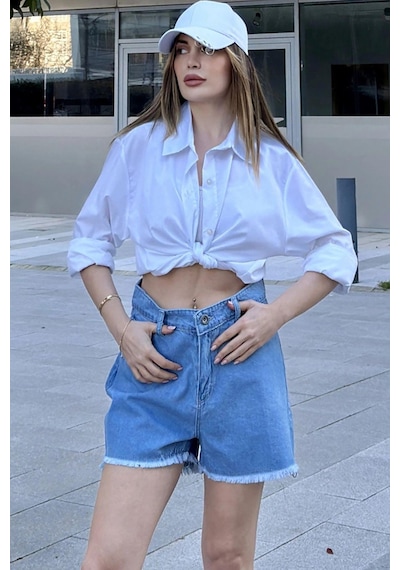WeShaya Kadın Mavi Püsküllü Paça, Yüksek Bel, Rahat Denim-kot Şort Açık Mavi